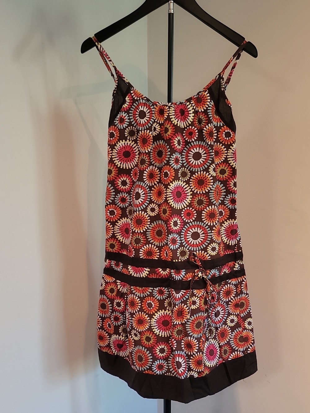 Vibrant Floral Sunburst Print Boho Hippie Spaghetti Strap Dress with  Tie Waist